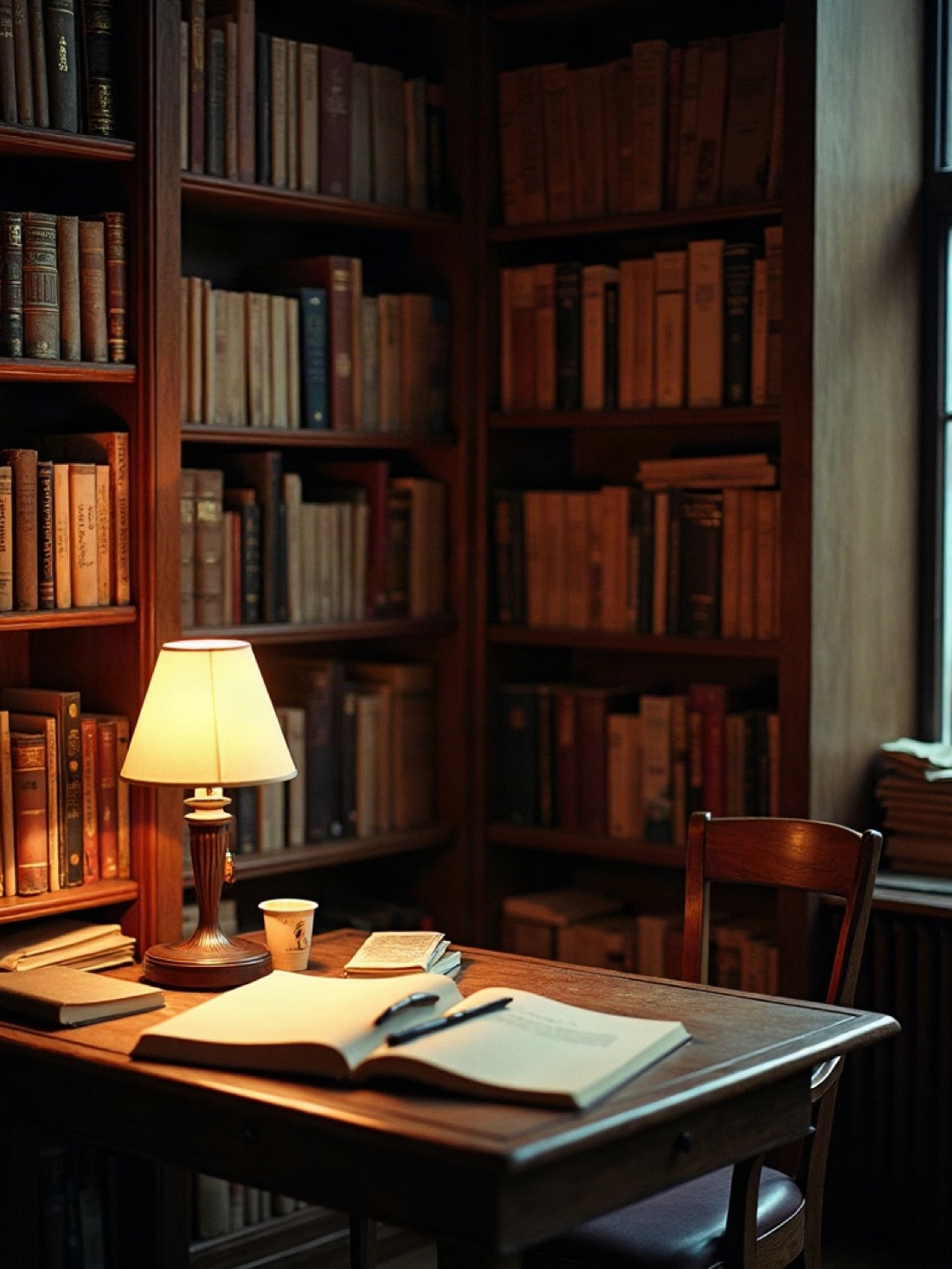 Bookshop reading room with hardcover shelves and a stationery table
