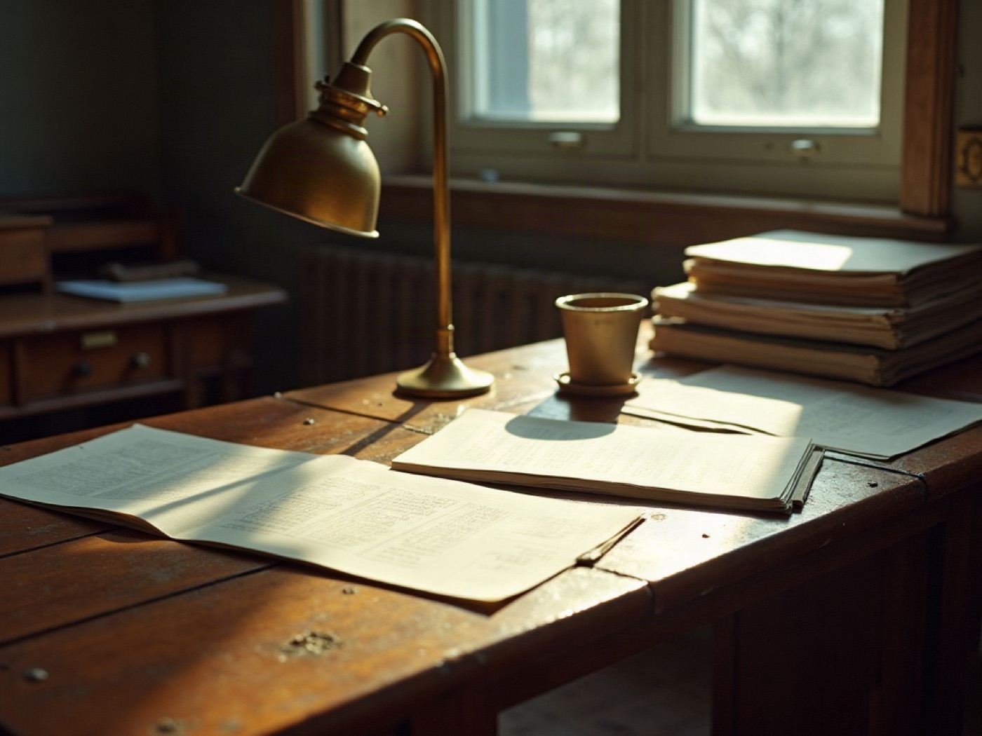 Oak contracting desk with ledgers, lamp, and folders