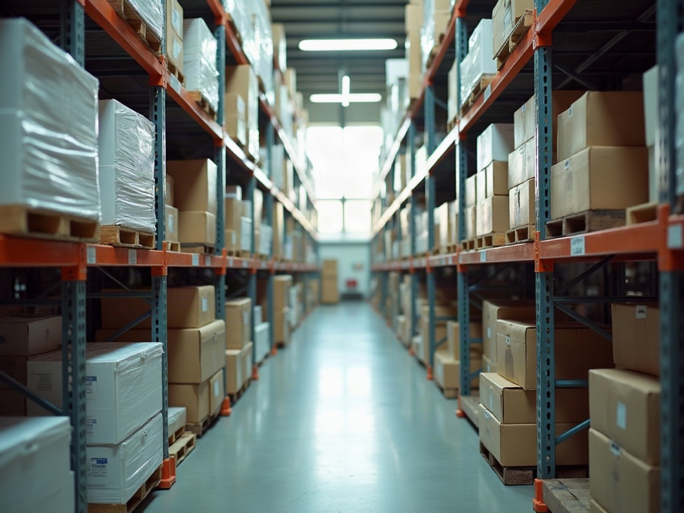 Medical-goods warehouse with sealed cartons on metal shelves