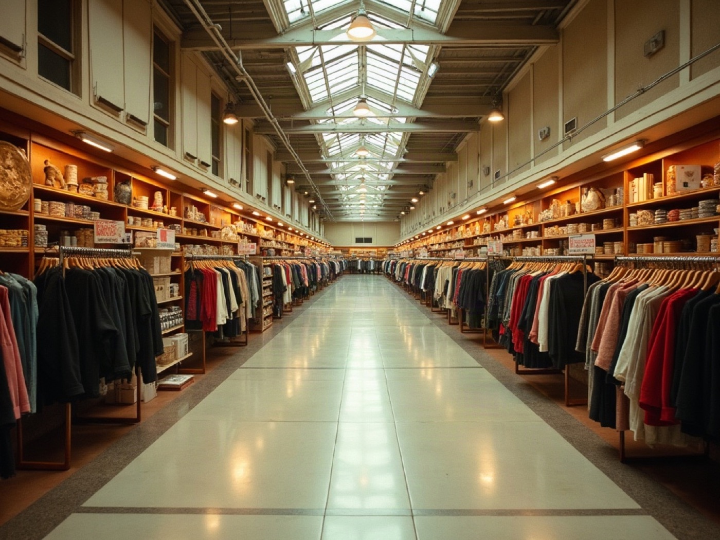 Department store central aisle with clothing rails and housewares