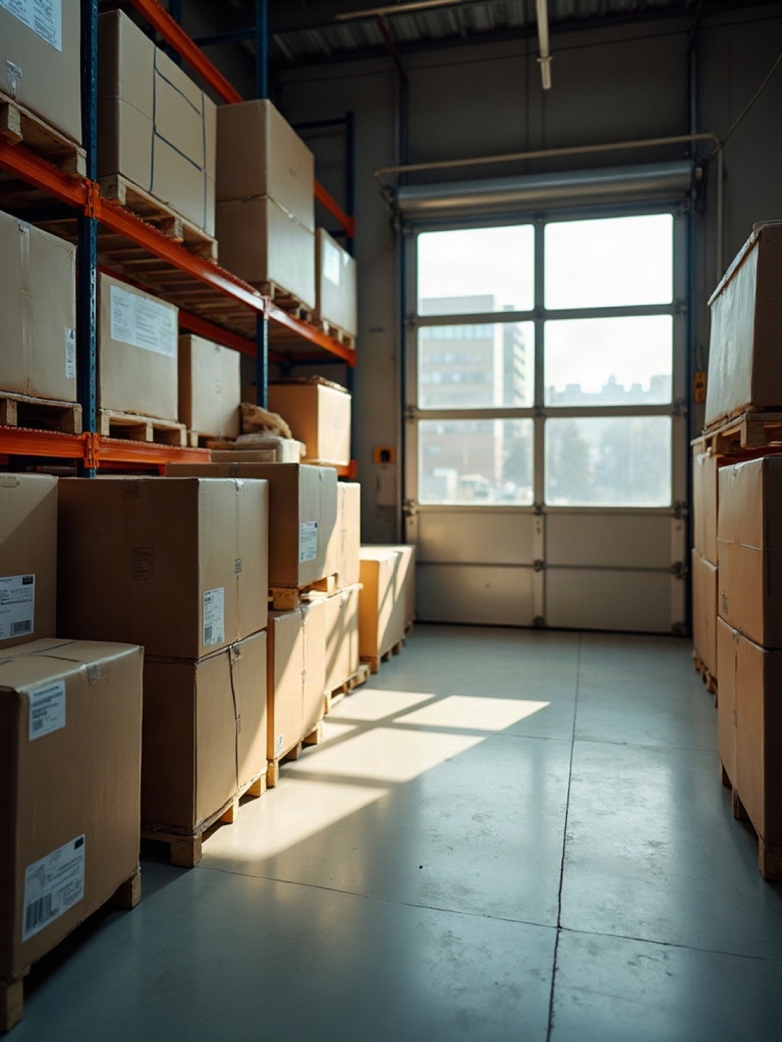 Pallet racking with sealed cartons of computer monitors and peripherals